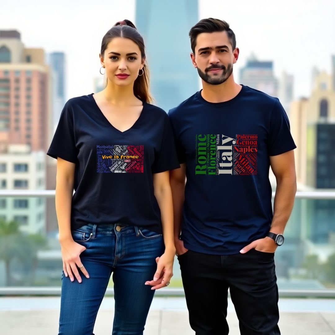 Man and woman wearing travel-inspired typography t-shirts from Global Wear Designs