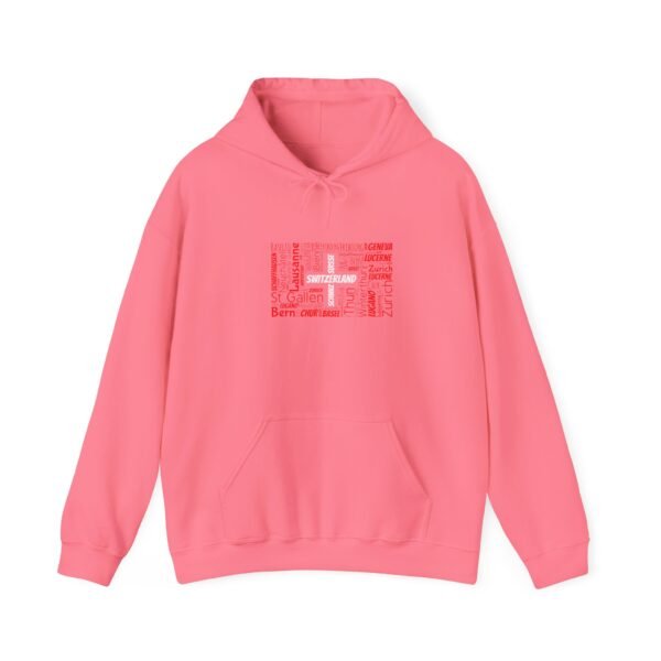 Switzerland Typography Hoodie – Swiss Cities in Swiss Flag Design Sizes S to 5XL