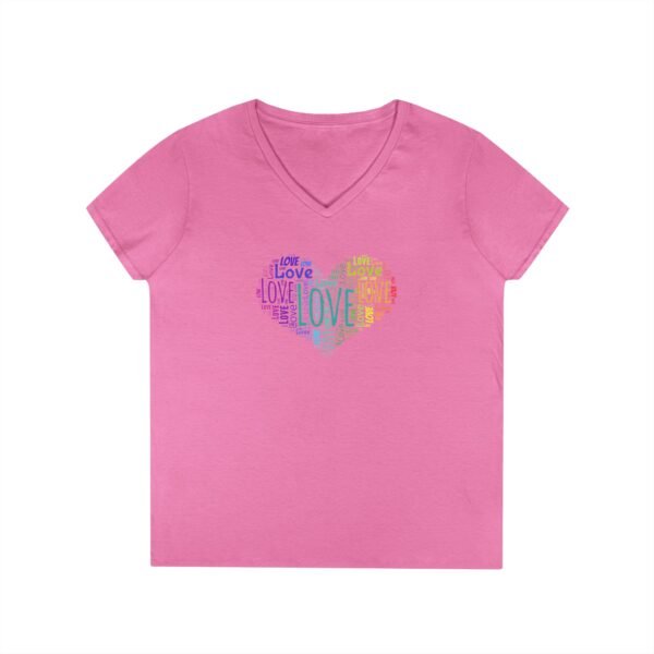 Women's V-Neck Love Heart T-Shirt – Colorful Word Art Design – Sizes S-3XL