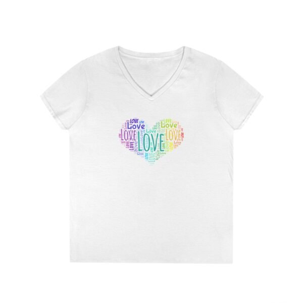 Women's V-Neck Love Heart T-Shirt – Colorful Word Art Design – Sizes S-3XL