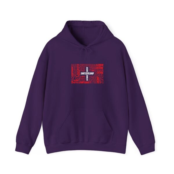 Switzerland Typography Hoodie – Swiss Cities in Swiss Flag Design Sizes S to 5XL