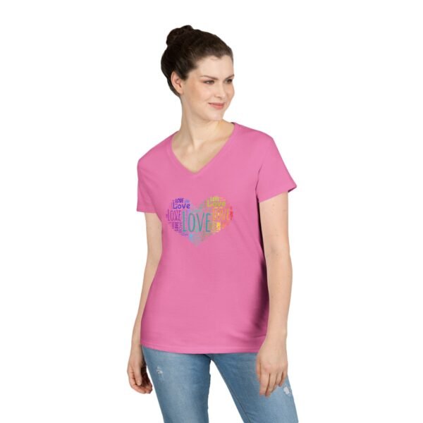 Women's V-Neck Love Heart T-Shirt – Colorful Word Art Design – Sizes S-3XL