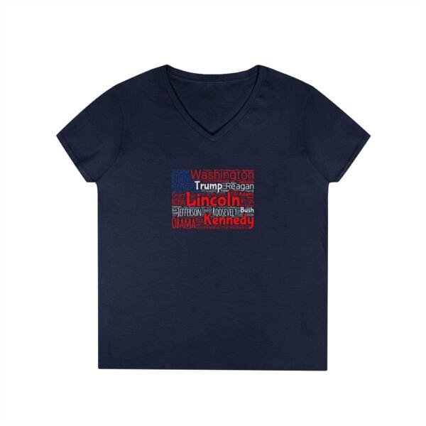 Patriotic American Flag Women’s V-Neck T-Shirt Featuring U.S. Presidents' Surnames Sizes S to 3XL