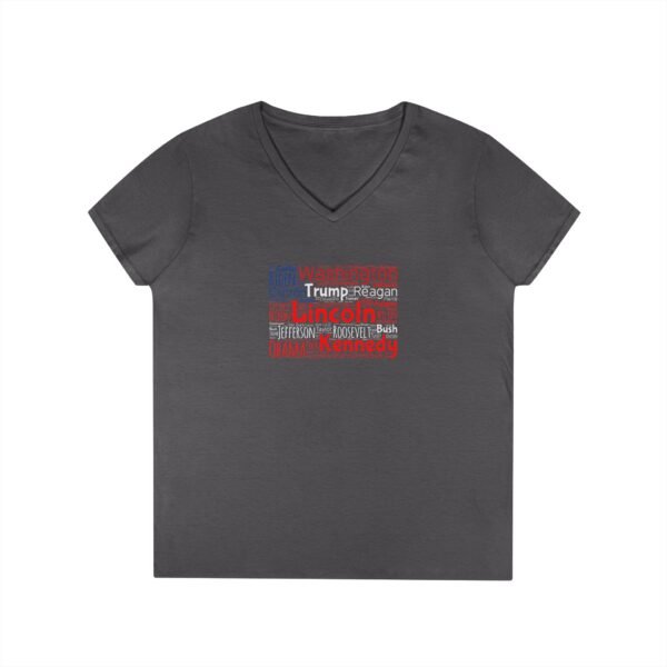 Patriotic American Flag Women’s V-Neck T-Shirt Featuring U.S. Presidents' Surnames Sizes S to 3XL