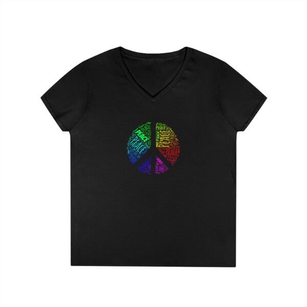Women's V-Neck Peace Sign T-Shirt – Colorful Word Art Design | Soft Cotton Tee Sizes S to 3XL