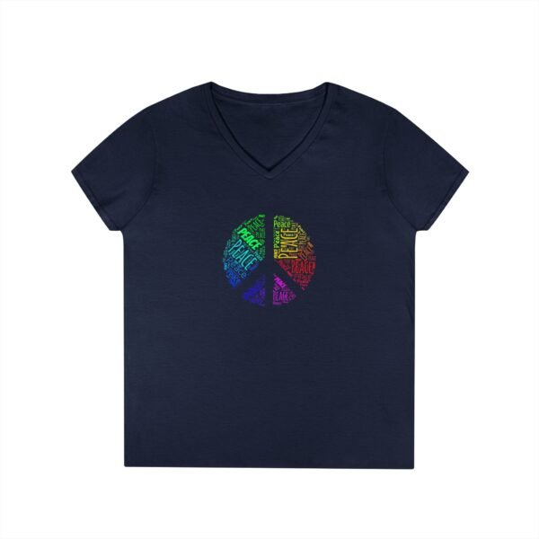 Women's V-Neck Peace Sign T-Shirt – Colorful Word Art Design | Soft Cotton Tee Sizes S to 3XL