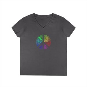 Women's V-Neck Peace Sign T-Shirt – Colorful Word Art Design | Soft Cotton Tee Sizes S to 3XL