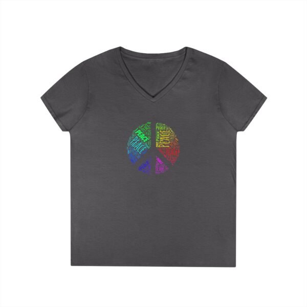 Women's V-Neck Peace Sign T-Shirt – Colorful Word Art Design | Soft Cotton Tee Sizes S to 3XL