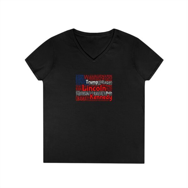 Patriotic American Flag Women’s V-Neck T-Shirt Featuring U.S. Presidents' Surnames Sizes S to 3XL