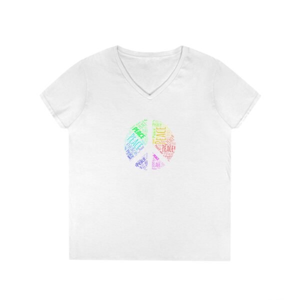 Women's V-Neck Peace Sign T-Shirt – Colorful Word Art Design | Soft Cotton Tee Sizes S to 3XL