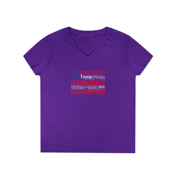 Patriotic American Flag Women’s V-Neck T-Shirt Featuring U.S. Presidents' Surnames Sizes S to 3XL