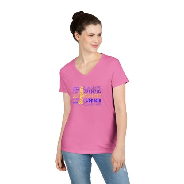 Women’s Sweden Flag V-Neck – Stylish Tee with Swedish Cities Design Sizes S to 3XL