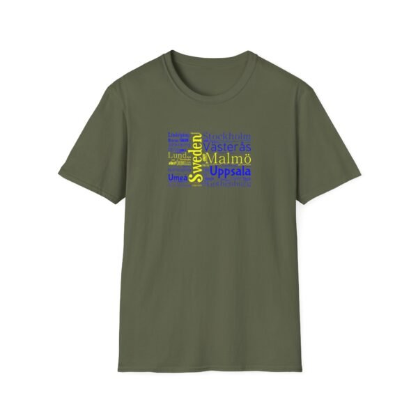 Swedish Flag City Names T-Shirt – Unisex Tee Representing Sweden Sizes XS to 5XL