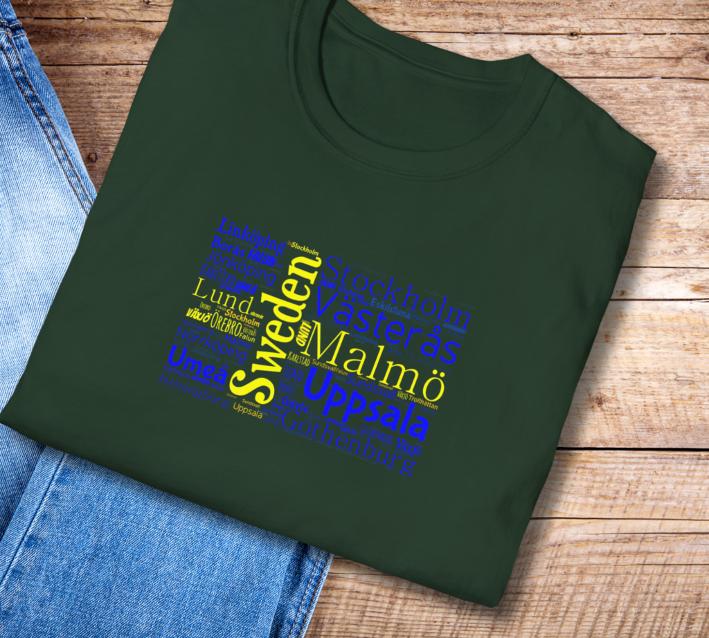 Global Wear Designs t-shirt with country map made of city names – represent your roots or wanderlust