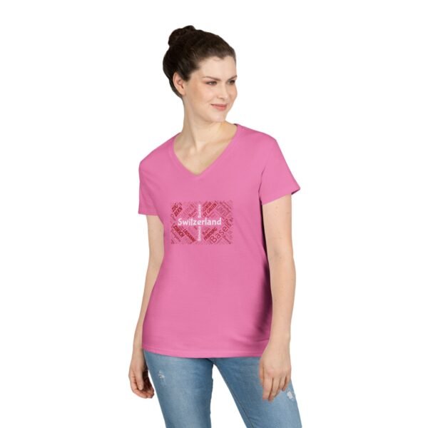 Women’s V-Neck Switzerland Cities T-Shirt – Swiss Flag Word Art Design