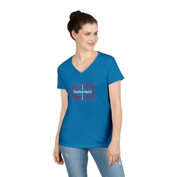 Women’s V-Neck Switzerland Cities T-Shirt – Swiss Flag Word Art Design