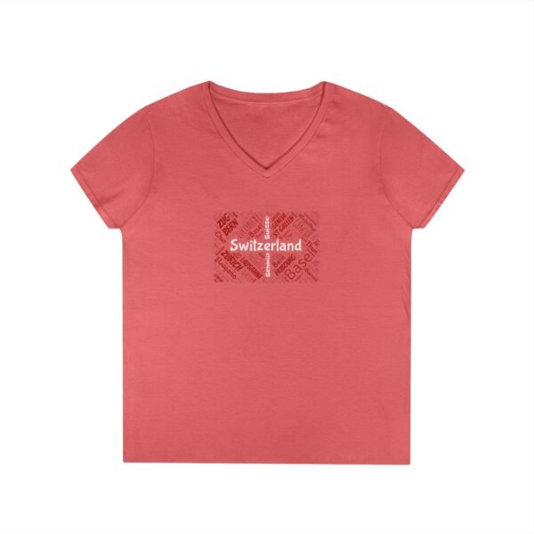Women’s V-Neck Switzerland Cities T-Shirt – Swiss Flag Word Art Design